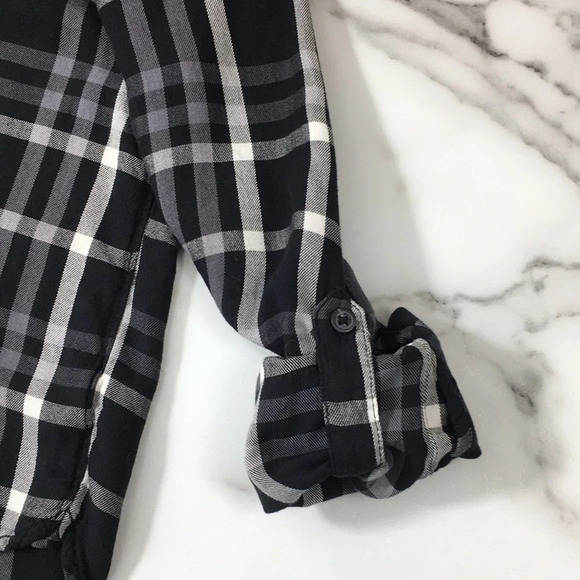 Woolrich Black White Plaid‎ Button Front Shirt Womens Large Roll Tab Sleeve - Picture 11 of 11